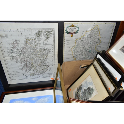 387 - ONE BOX OF FRAMED PAINTINGS, PRINTS AND MAPS, to include two wall maps of Scotland and Staffordshire... 