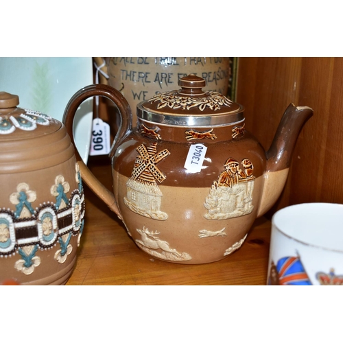 390 - A GROUP OF CERAMICS AND STONE WARE, comprising a c1881 Doulton-Lambeth commemorative salt glazed pit... 