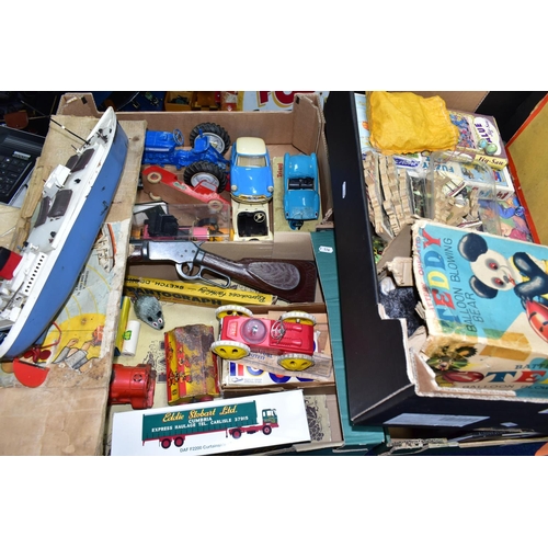 398 - THREE BOXES OF VINTAGE TOYS AND JIGSAWS, to include a balsa wood aircraft making kit, a Tri-ang part... 