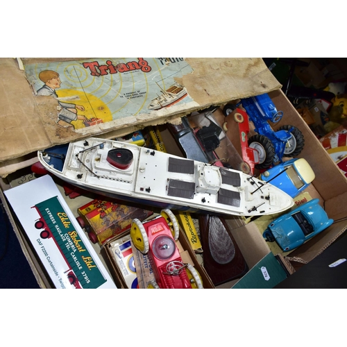 398 - THREE BOXES OF VINTAGE TOYS AND JIGSAWS, to include a balsa wood aircraft making kit, a Tri-ang part... 