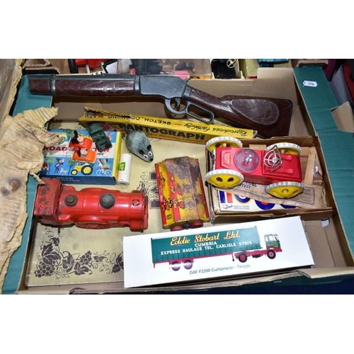 398 - THREE BOXES OF VINTAGE TOYS AND JIGSAWS, to include a balsa wood aircraft making kit, a Tri-ang part... 