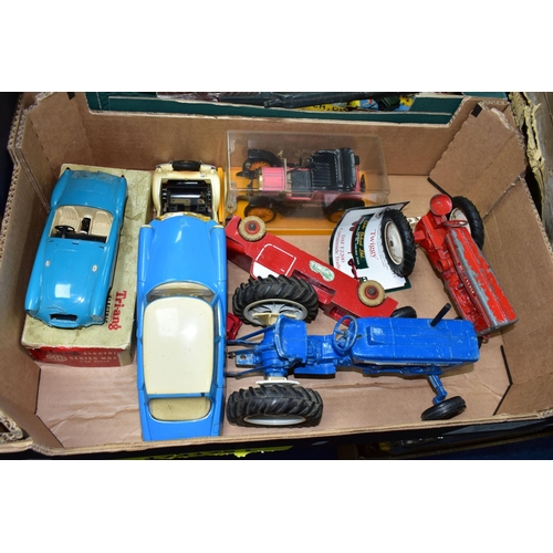 398 - THREE BOXES OF VINTAGE TOYS AND JIGSAWS, to include a balsa wood aircraft making kit, a Tri-ang part... 