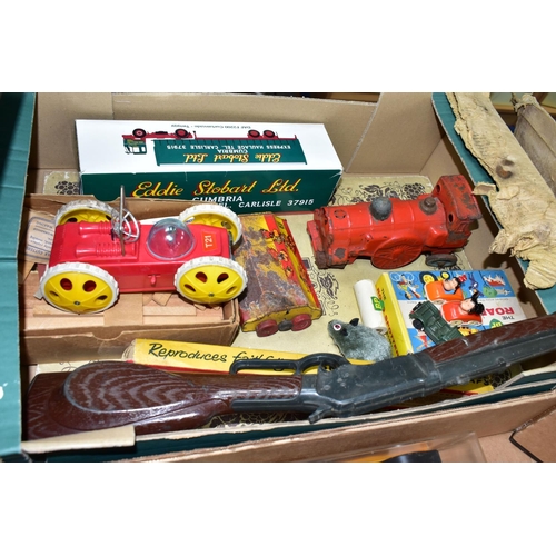 398 - THREE BOXES OF VINTAGE TOYS AND JIGSAWS, to include a balsa wood aircraft making kit, a Tri-ang part... 