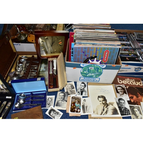 401 - FOUR BOXES OF L.P RECORDS, DVDS AND TREEN, to include over sixty DVDs including Skyfall, Casino Roya... 