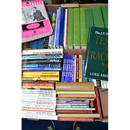 402 - BOOKS, two boxes of books, pamphlets and reports relating to squash, tennis and other racquet sports... 