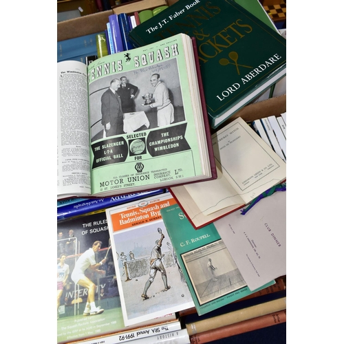 402 - BOOKS, two boxes of books, pamphlets and reports relating to squash, tennis and other racquet sports... 