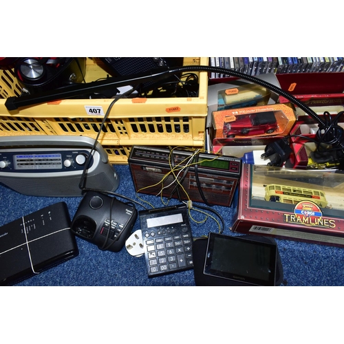 407 - FOUR BOXES OF ELECTRICAL AUDIO EQUIPMENT, LPS AND DIECAST CARS, to include an Etón Satellit 750 FM S... 