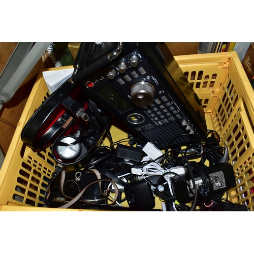 407 - FOUR BOXES OF ELECTRICAL AUDIO EQUIPMENT, LPS AND DIECAST CARS, to include an Etón Satellit 750 FM S... 