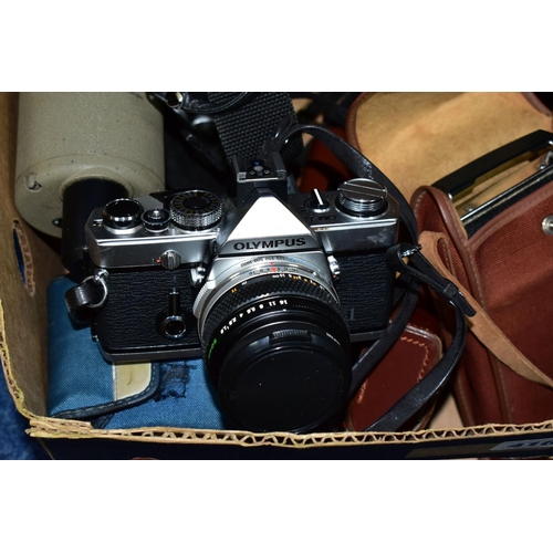 416 - A BOX OF PHOTOGRAPHIC EQUIPMENT AND BINOCULARS ETC, to include an Olympus OM-1N 35mm SLR film camera... 