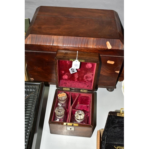 419 - TWO ANTIQUE WOODEN BOXES IN NEED OF RESTORATION, comprising a rosewood box containing three glass bo... 