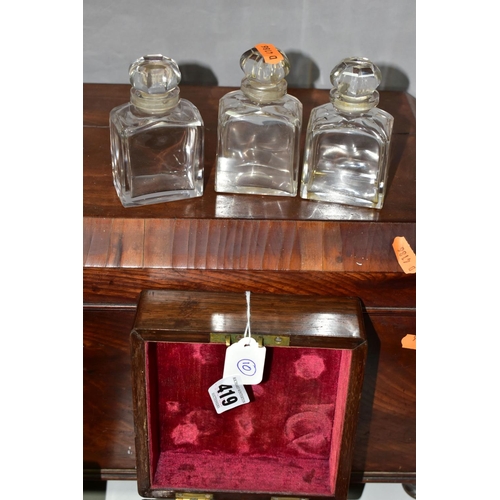 419 - TWO ANTIQUE WOODEN BOXES IN NEED OF RESTORATION, comprising a rosewood box containing three glass bo... 