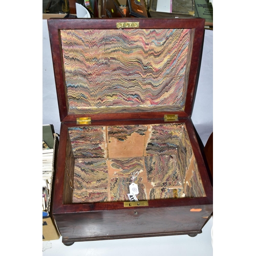 419 - TWO ANTIQUE WOODEN BOXES IN NEED OF RESTORATION, comprising a rosewood box containing three glass bo... 