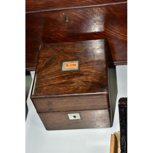 419 - TWO ANTIQUE WOODEN BOXES IN NEED OF RESTORATION, comprising a rosewood box containing three glass bo... 