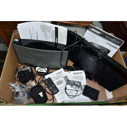 424 - A BOX OF ELECTRONIC EQUIPMENT, comprising a Panasonic Compact Stereo System model no SC-HC28DB, with... 