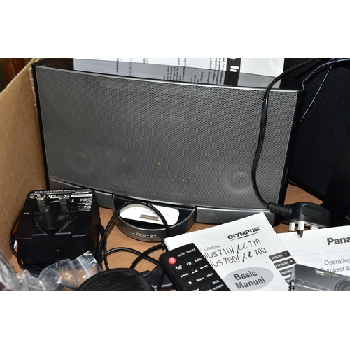 424 - A BOX OF ELECTRONIC EQUIPMENT, comprising a Panasonic Compact Stereo System model no SC-HC28DB, with... 