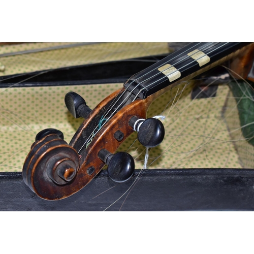 425 - A CASED VINTAGE VIOLIN, with a two piece back, bears a printed Antonius Stradivarius label, length o... 