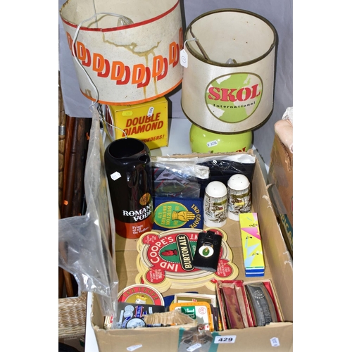 429 - A BOX AND LOOSE BREWERIANA AND SUNDRY ITEMS, to include Double Diamond and Skol table lamps with sha... 