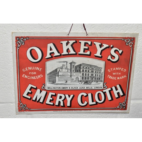 431 - A PAIR OF VINTAGE CARDBOARD ADVERTISING SHOW CARDS, the largest a coloured sign for 'Oakey's Knife P... 