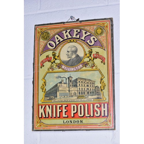 431 - A PAIR OF VINTAGE CARDBOARD ADVERTISING SHOW CARDS, the largest a coloured sign for 'Oakey's Knife P... 