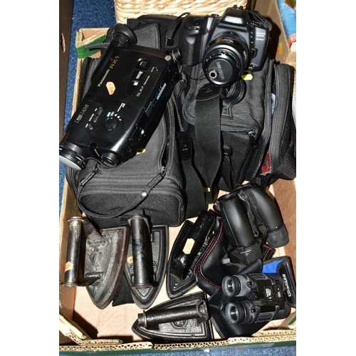 432 - A BOX AND A BASKET OF CAMERAS, WALKING STICKS AND SUNDRY ITEMS, to include a cased Minolta Dynax 500... 