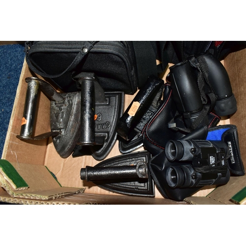 432 - A BOX AND A BASKET OF CAMERAS, WALKING STICKS AND SUNDRY ITEMS, to include a cased Minolta Dynax 500... 