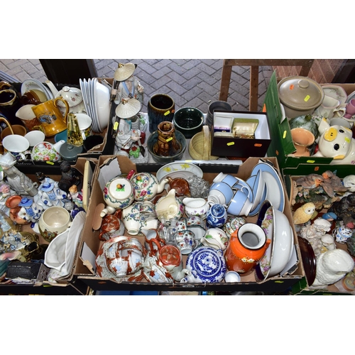 438 - FIVE BOXES OF CERAMICS AND ASSORTED ORNAMENTS, to include a Japanese Mitsu Boshi vase decorated with... 