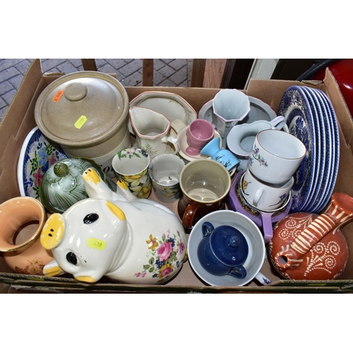 438 - FIVE BOXES OF CERAMICS AND ASSORTED ORNAMENTS, to include a Japanese Mitsu Boshi vase decorated with... 