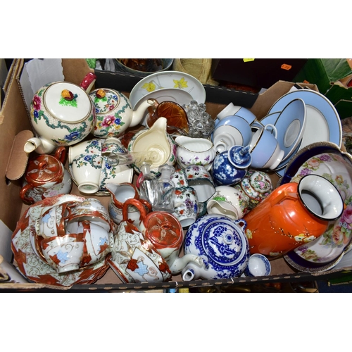 438 - FIVE BOXES OF CERAMICS AND ASSORTED ORNAMENTS, to include a Japanese Mitsu Boshi vase decorated with... 