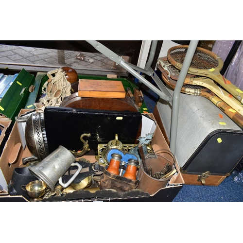 439 - TWO BOXES OF METALWARE AND TREEN, to include a Frister and Rossmann Model 25 electric sewing machine... 