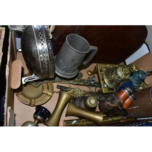 439 - TWO BOXES OF METALWARE AND TREEN, to include a Frister and Rossmann Model 25 electric sewing machine... 