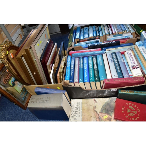 440 - THREE BOXES OF ASSORTED BOOKS AND FRAMED PRINTS AND PAINTINGS, to include the works of Oscar Wilde, ... 