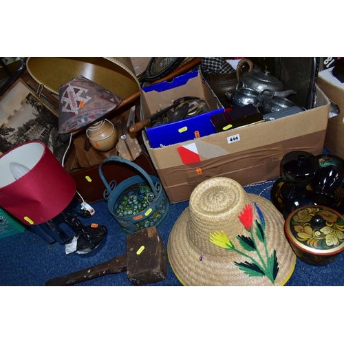 444 - ONE BOX OF ASSORTED HOUSEHOLD SUNDRIES, to include an Armada Arts and Crafts style pewter tea set, s... 