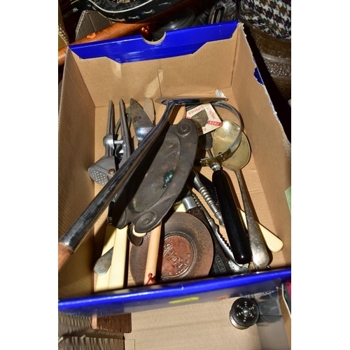 444 - ONE BOX OF ASSORTED HOUSEHOLD SUNDRIES, to include an Armada Arts and Crafts style pewter tea set, s... 