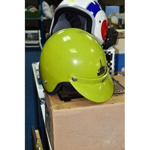 451 - MOTORCYCLE MEMORABILIA, comprising one vintage Vespa Scooter Italian Gran Turismo Helmet with RAF st... 