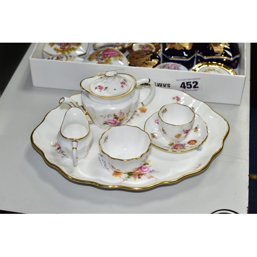 452 - A BOX AND LOOSE CERAMICS, to include a Royal Crown Derby 'Derby Posies' miniature tea set of teapot,... 