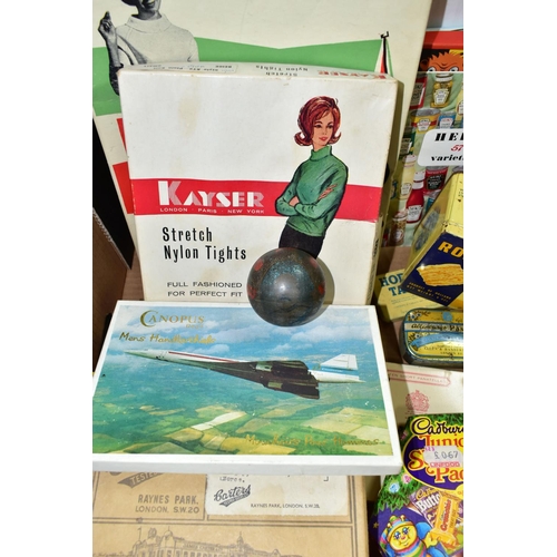 453 - TWO BOXES OF VINTAGE PACKAGING AND ADVERTISING, to include a Mackintosh's Coronation Toffee Ball tin... 