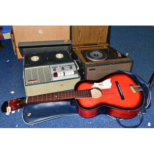 455 - A CHILD'S ACOUSTIC GUITAR, A PORTABLE RECORD PLAYER AND A REEL TO REEL TAPE RECORDER, comprising a r... 