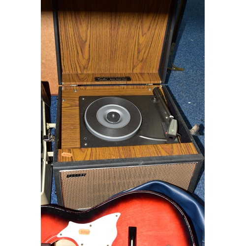 455 - A CHILD'S ACOUSTIC GUITAR, A PORTABLE RECORD PLAYER AND A REEL TO REEL TAPE RECORDER, comprising a r... 