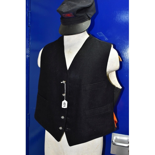 471 - THREE PIECES OF BRITISH RAIL UNIFORM, comprising waistcoat approximately 42'' chest, cap with cloth ... 