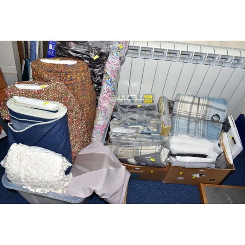 473 - CURTAINS, CURTAIN POLES AND BOLTS OF FABRIC ETC, to include a pair of Dunelm lined eyelet curtains, ... 