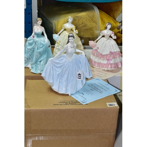 477 - FOUR COALPORT FIGURINES comprising a boxed limited edition The 15th Anniversary Figurine of the Year... 