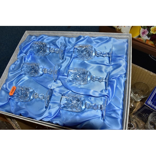 479 - FOUR BOXES OF CUT CRYSTAL AND GLASSWARE, to include a boxed Tutbury Crystal trumpet vase, height 26c... 