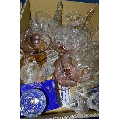 479 - FOUR BOXES OF CUT CRYSTAL AND GLASSWARE, to include a boxed Tutbury Crystal trumpet vase, height 26c... 