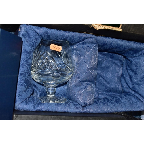 479 - FOUR BOXES OF CUT CRYSTAL AND GLASSWARE, to include a boxed Tutbury Crystal trumpet vase, height 26c... 