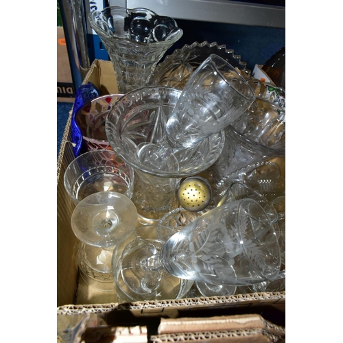 479 - FOUR BOXES OF CUT CRYSTAL AND GLASSWARE, to include a boxed Tutbury Crystal trumpet vase, height 26c... 