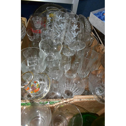 479 - FOUR BOXES OF CUT CRYSTAL AND GLASSWARE, to include a boxed Tutbury Crystal trumpet vase, height 26c... 