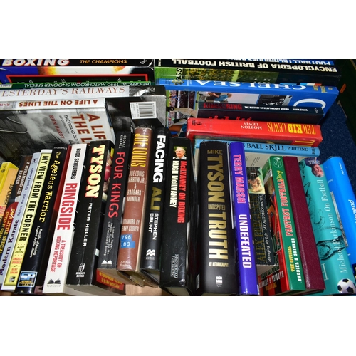 485 - SPORTING BOOKS, four boxes containing approximately one hundred titles in hardback and paperback for... 