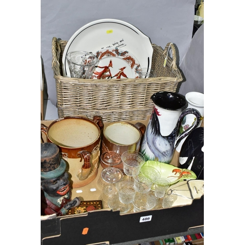 486 - A BOX AND A BASKET OF CERAMICS, GLASS AND SUNDRY ITEMS, to include a Sadler style cream and silver r... 