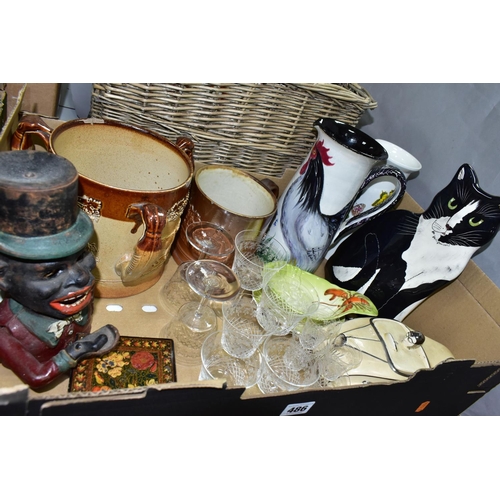 486 - A BOX AND A BASKET OF CERAMICS, GLASS AND SUNDRY ITEMS, to include a Sadler style cream and silver r... 