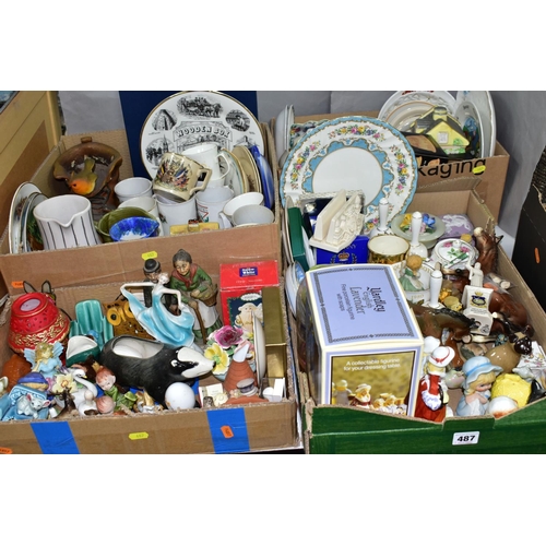 487 - FOUR BOXES OF CERAMICS, to include a boxed Yardley English Lavender figurine, crested ware in the fo... 